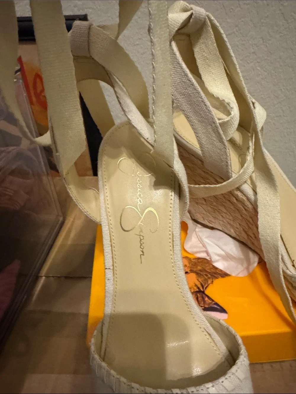 Jessica Simpson Women's Cream Espadrille Wedge Sandals with Ankle Wrap